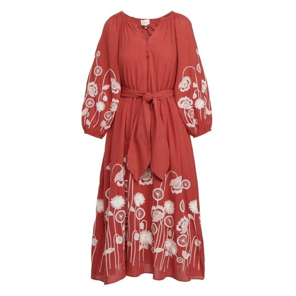 THE GREAT. Red Floral Midi Dress